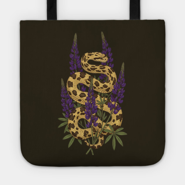 Bullsnake with Purple Lupines Illustration Tote by BirdsnStuff