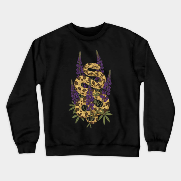 Bullsnake with Purple Lupines Illustration Crewneck Sweatshirt by BirdsnStuff