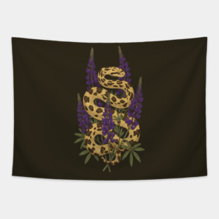 Bullsnake with Purple Lupines Illustration Tapestry