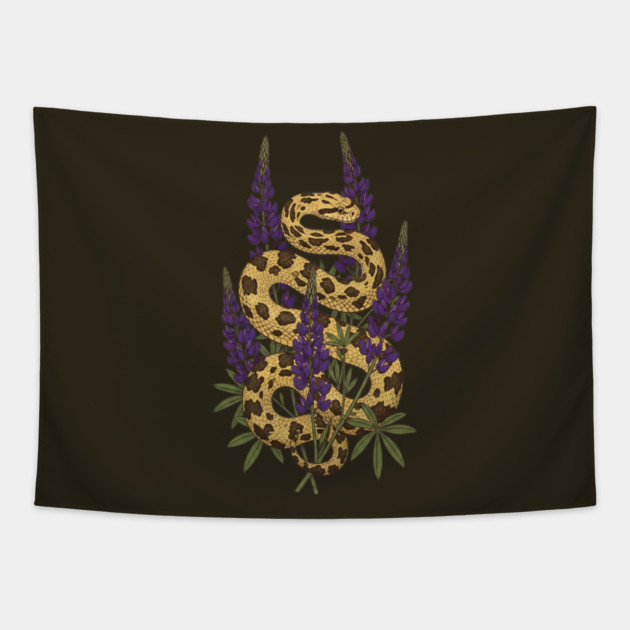 Bullsnake with Purple Lupines Illustration Tapestry by BirdsnStuff