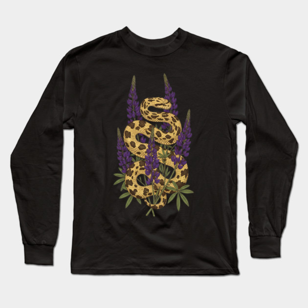 Bullsnake with Purple Lupines Illustration Long Sleeve T-Shirt by BirdsnStuff