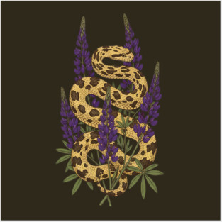 Bullsnake with Purple Lupines Illustration Posters and Art