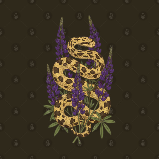 Bullsnake with Purple Lupines Illustration by BirdsnStuff