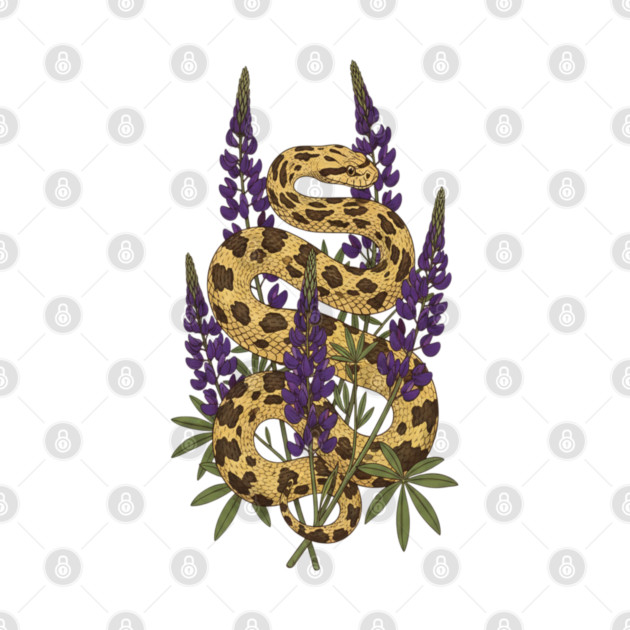 Bullsnake with Purple Lupines Illustration by BirdsnStuff