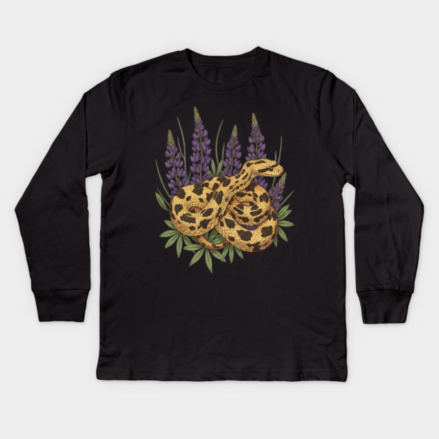 Bullsnake with Lupines Botanical Illustration Kids Long Sleeve T-Shirt by BirdsnStuff
