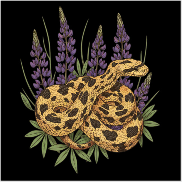Bullsnake with Lupines Botanical Illustration Wall Art by BirdsnStuff