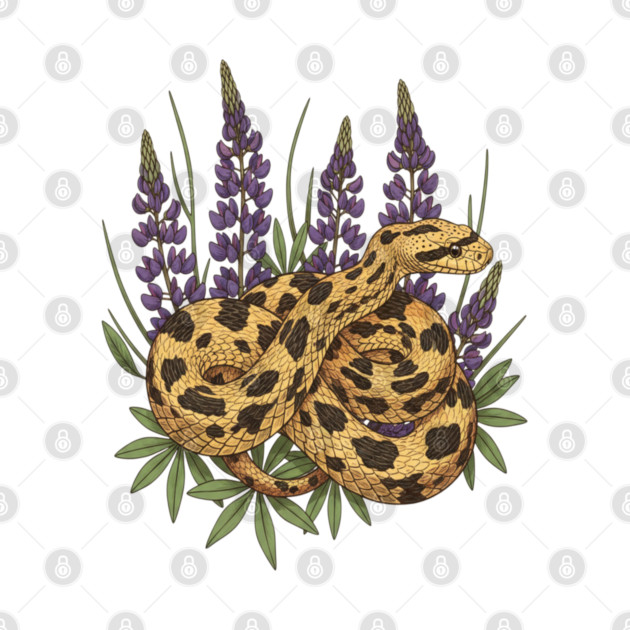 Bullsnake with Lupines Botanical Illustration by BirdsnStuff