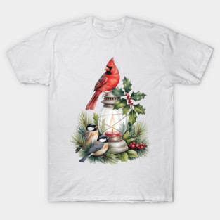 Winter Birds Cardinal Chickadee Nuthatch Titmouse T-Shirt
