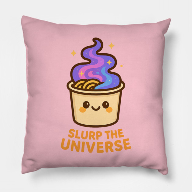 Slurp the Universe – Cosmo Bites Kawaii Galaxy Noodle Cup Design Pillow by Anne Lee