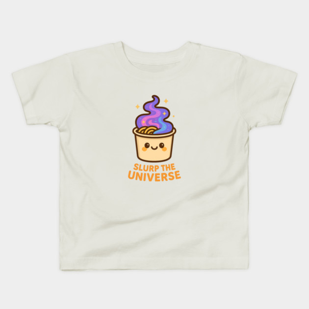 Slurp the Universe – Cosmo Bites Kawaii Galaxy Noodle Cup Design Kids T-Shirt by Anne Lee