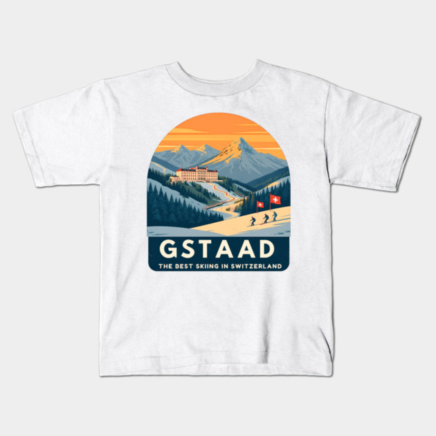 Gstaad Switzerland Skiing Mountains Travel Souvenir Kids T-Shirt by Art2Wear