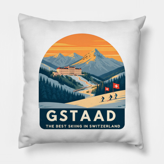 Gstaad Switzerland Skiing Mountains Travel Souvenir Pillow by Art2Wear