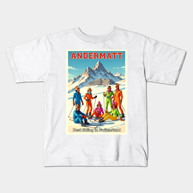 Andermatt Switzerland Skiing in Winter Sports Resort Kids T-Shirt by Art2Wear
