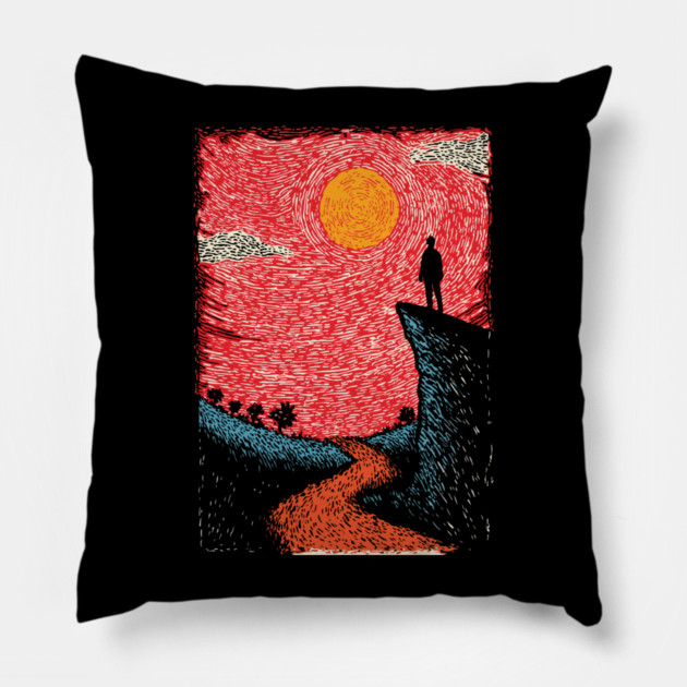 Hiker's Vista | Vintage Adventure Seeker Art Pillow by TuncGK