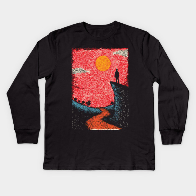 Hiker's Vista | Vintage Adventure Seeker Art Kids Long Sleeve T-Shirt by TuncGK