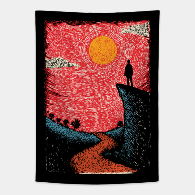 Hiker's Vista | Vintage Adventure Seeker Art Tapestry by TuncGK