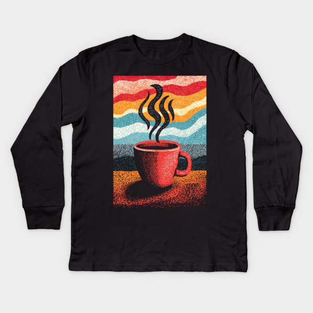 Retro Steaming Coffee Mug | 70s Vibe Morning Brew Kids Long Sleeve T-Shirt by TuncGK