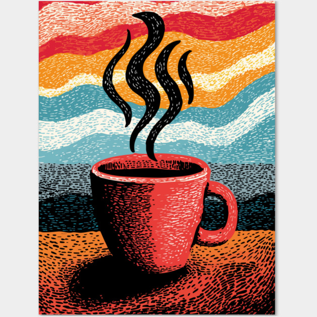 Retro Steaming Coffee Mug | 70s Vibe Morning Brew Wall Art by TuncGK