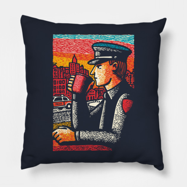 Police Officer Coffee Break | Thin Blue Line Hero Art Pillow by TuncGK