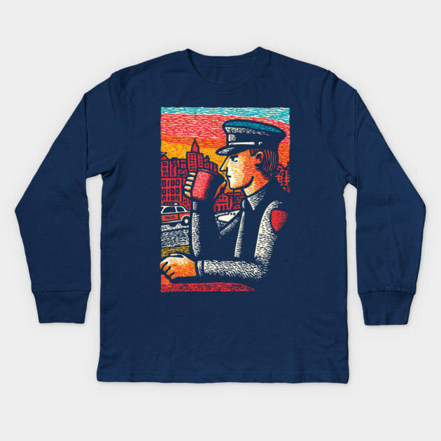Police Officer Coffee Break | Thin Blue Line Hero Art Kids Long Sleeve T-Shirt by TuncGK