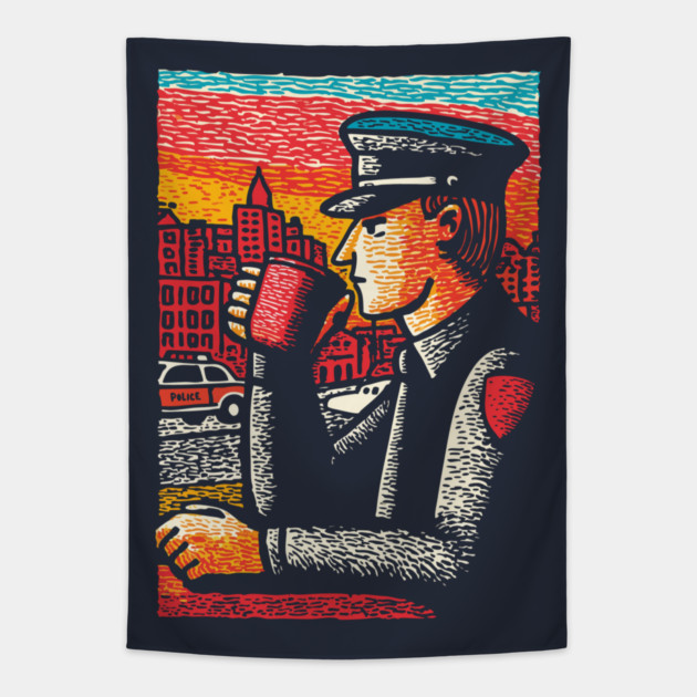 Police Officer Coffee Break | Thin Blue Line Hero Art Tapestry by TuncGK