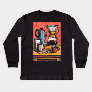 Pour Over Coffee Ritual | Vintage Home Barista Art Kids Long Sleeve T-Shirt