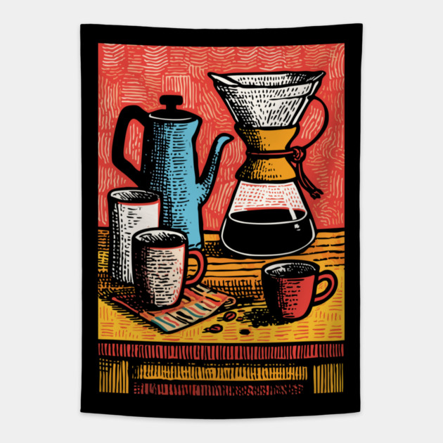 Pour Over Coffee Ritual | Vintage Home Barista Art Tapestry by TuncGK