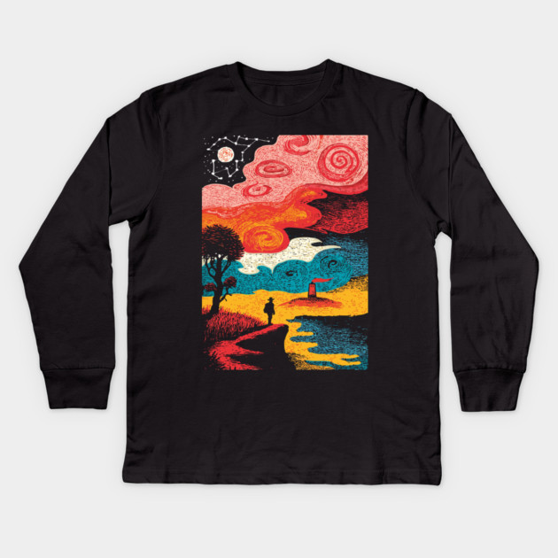 Dreamer's Shore | Surreal Psychedelic Night Sky Kids Long Sleeve T-Shirt by TuncGK