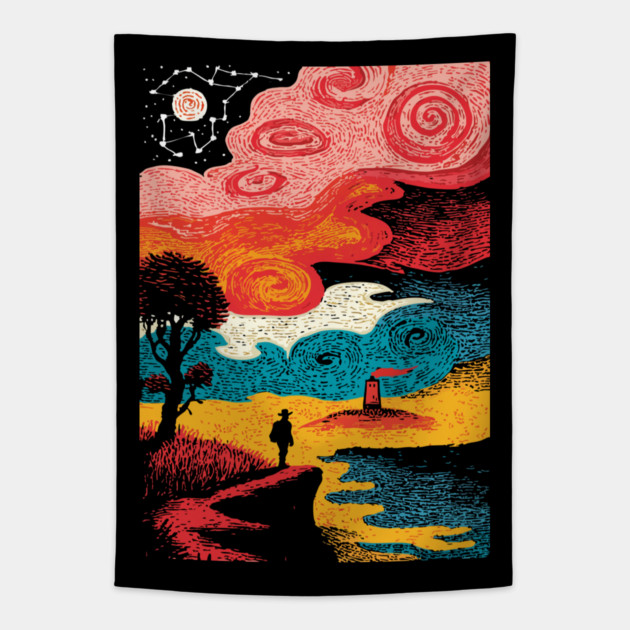 Dreamer's Shore | Surreal Psychedelic Night Sky Tapestry by TuncGK