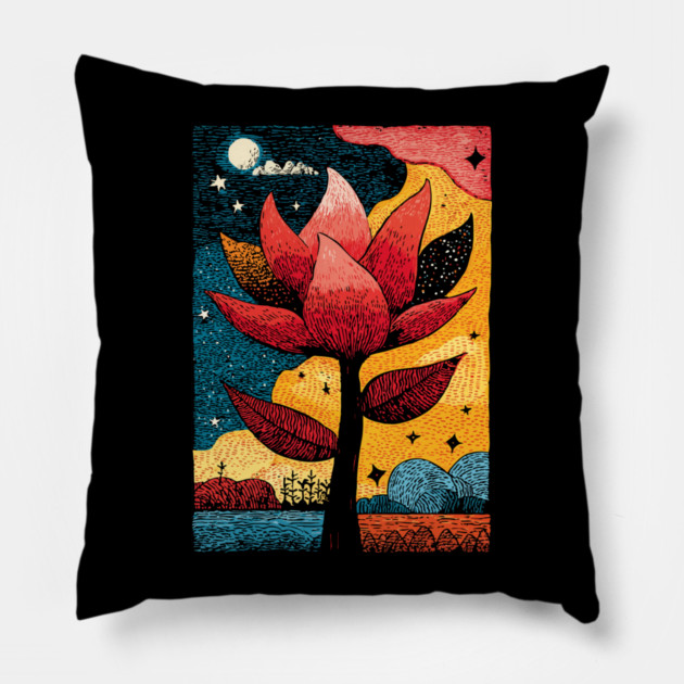 Celestial Bloom | Surreal Botanical Night Garden Pillow by TuncGK