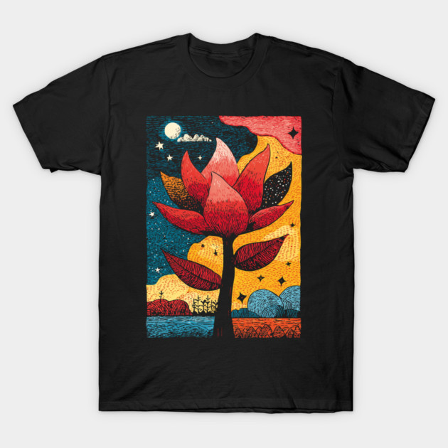 Celestial Bloom | Surreal Botanical Night Garden T-Shirt by TuncGK