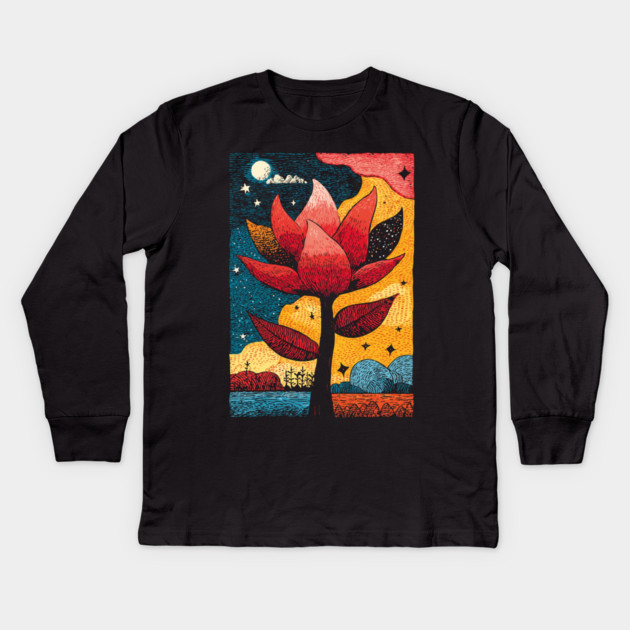 Celestial Bloom | Surreal Botanical Night Garden Kids Long Sleeve T-Shirt by TuncGK