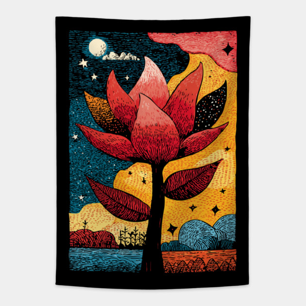 Celestial Bloom | Surreal Botanical Night Garden Tapestry by TuncGK