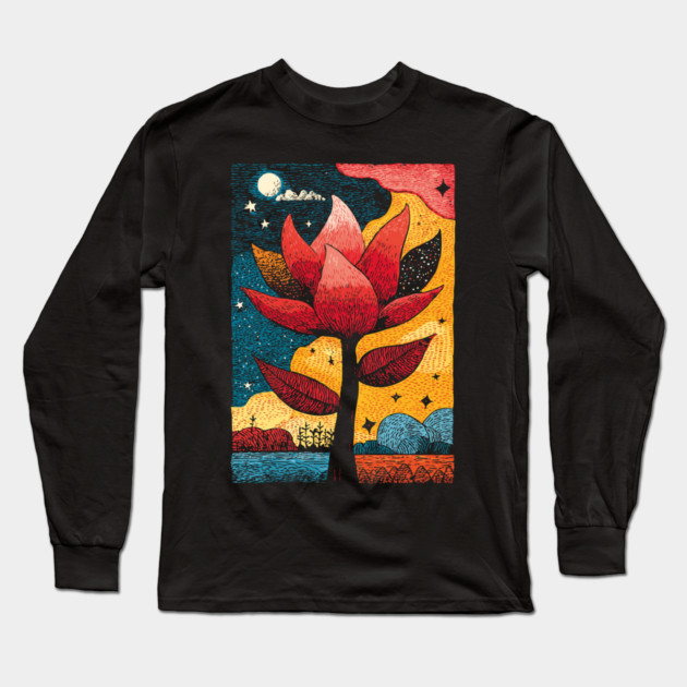 Celestial Bloom | Surreal Botanical Night Garden Long Sleeve T-Shirt by TuncGK