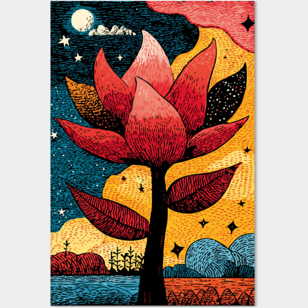 Celestial Bloom | Surreal Botanical Night Garden Wall Art by TuncGK