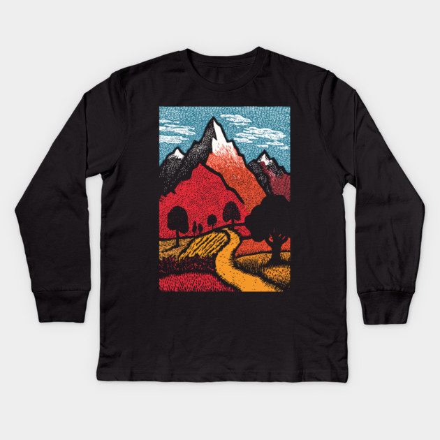 The Adventure Begins | Winding Road to the Mountains Kids Long Sleeve T-Shirt by TuncGK