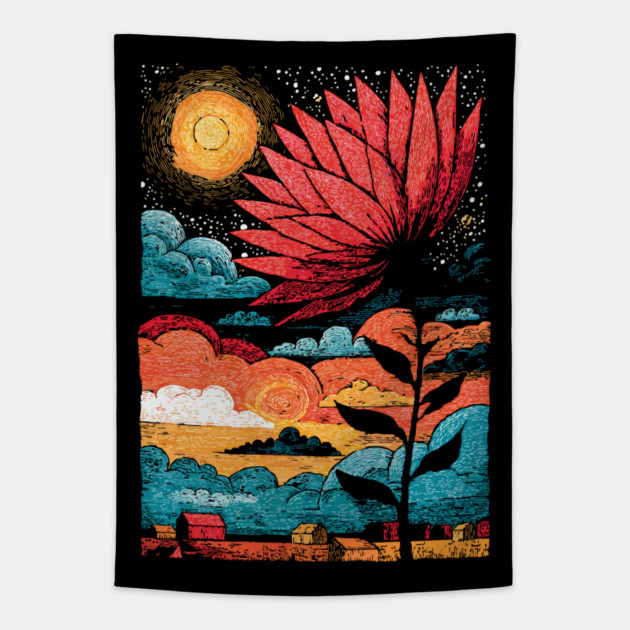 Groovy Growth | 70s Retro Psychedelic Flower Tapestry by TuncGK