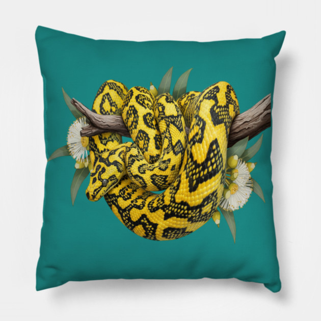 Carpet Python with Eucalyptus Flowers Pillow by BirdsnStuff