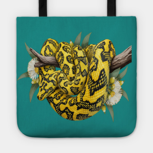 Carpet Python with Eucalyptus Flowers Tote by BirdsnStuff
