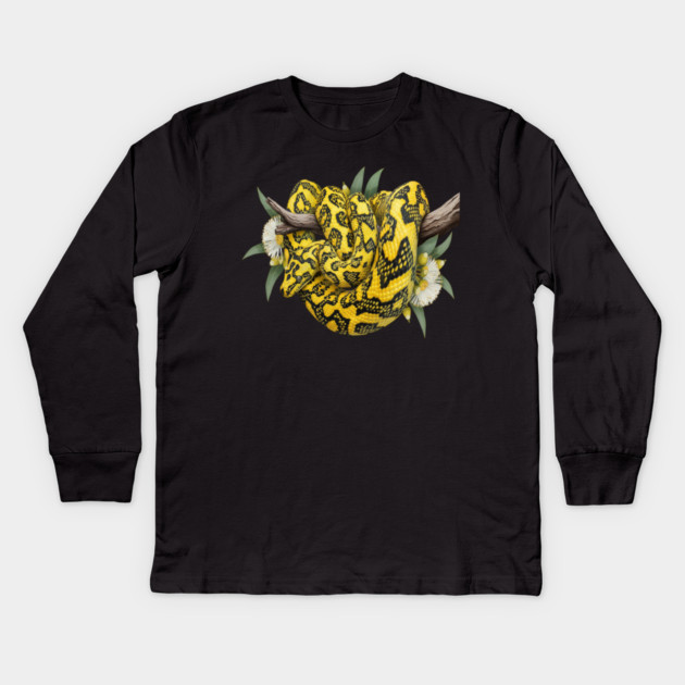 Carpet Python with Eucalyptus Flowers Kids Long Sleeve T-Shirt by BirdsnStuff