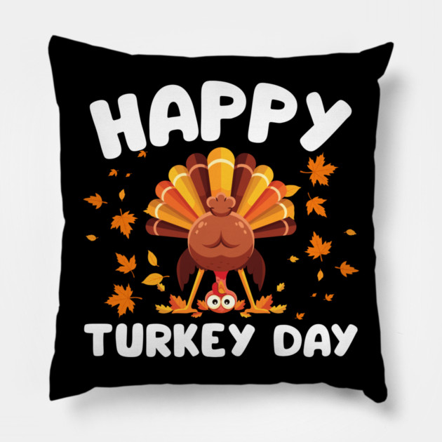 Playful Happy Turkey Day Cartoon Pillow by Creatifly Graphic Tees