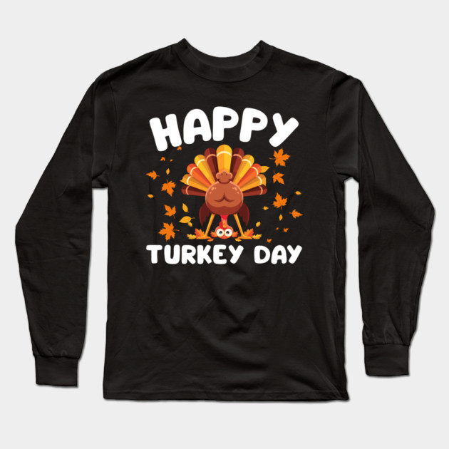 Playful Happy Turkey Day Cartoon Long Sleeve T-Shirt by Creatifly Graphic Tees