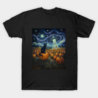 Starry night, Cats in the Pumpkin Patch and UFO, meow sterious night, skull and Halloween, autumn, Black Cat Witch, Pumpking Purrs, Spooky Halloween T-Shirt