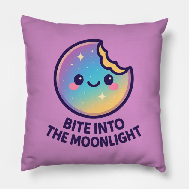 Bite Into the Moonlight – Cosmo Bites Kawaii Galaxy Moon Cookie Design Pillow by Anne Lee