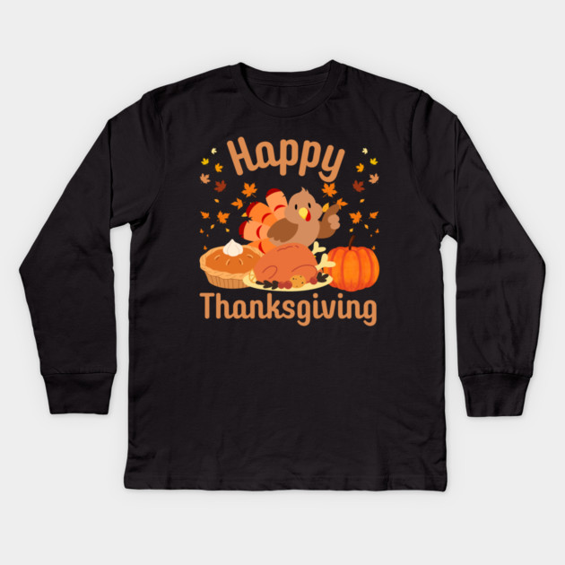 Cute Happy Thanksgiving Turkey Feast Kids Long Sleeve T-Shirt by Creatifly Graphic Tees