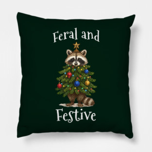 Raccoon Decorated Christmas Tree, Feral and Festive Pillow