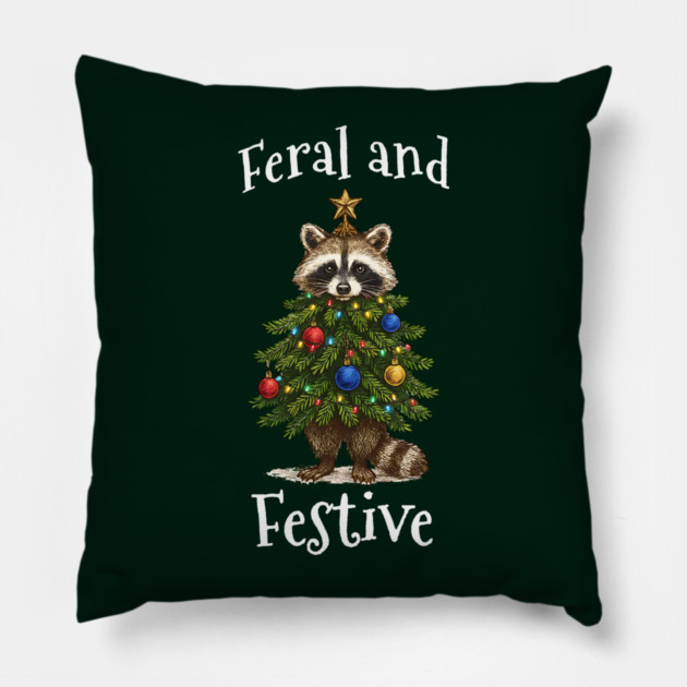Raccoon Decorated Christmas Tree, Feral and Festive Pillow by Luxinda