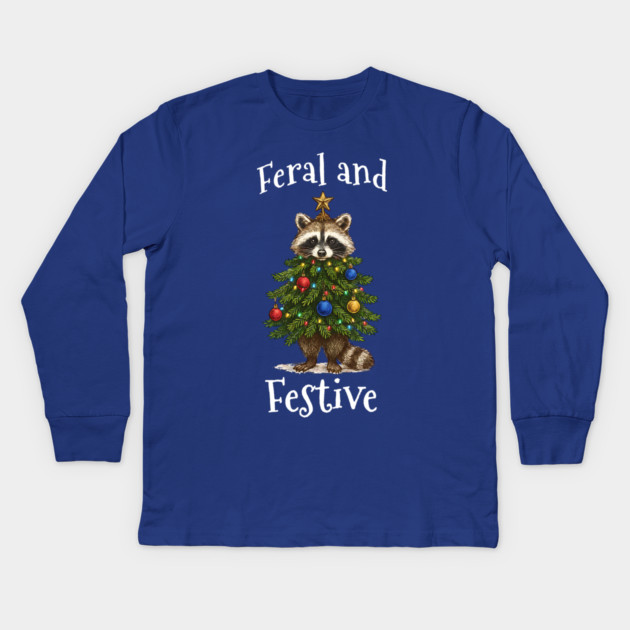 Raccoon Decorated Christmas Tree, Feral and Festive Kids Long Sleeve T-Shirt by Luxinda