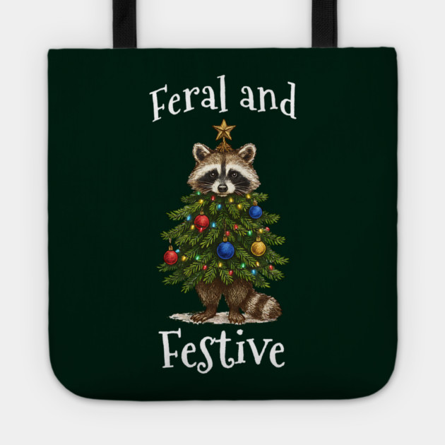 Raccoon Decorated Christmas Tree, Feral and Festive Tote by Luxinda