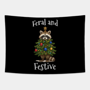 Raccoon Decorated Christmas Tree, Feral and Festive Tapestry